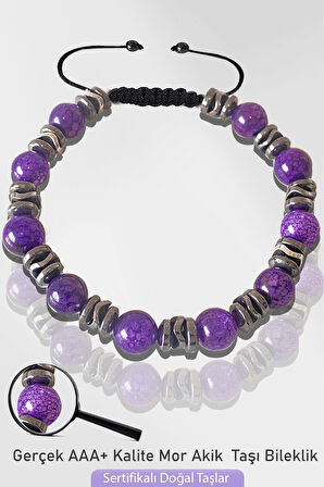 Sertifikalı Silver Hematitli Doğal Damarlı Mor Akik Taşı Bileklik - Ayarlamalı