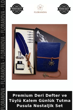 Premium Deri Defter ve Tüylü Kalem Günlük Tutma Pusula Nostaljik Set