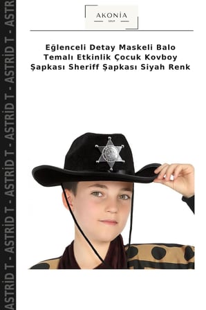 Eğlenceli Detay Maskeli Balo Temalı Etkinlik Çocuk Kovboy Şapkası Sheriff Şapkası Siyah Renk