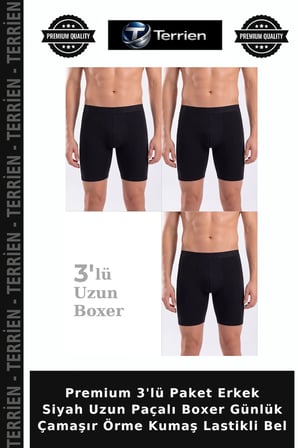 Premium 3'lü Paket Erkek Siyah Uzun Paçalı Boxer Günlük Çamaşır Örme Kumaş Lastikli Bel