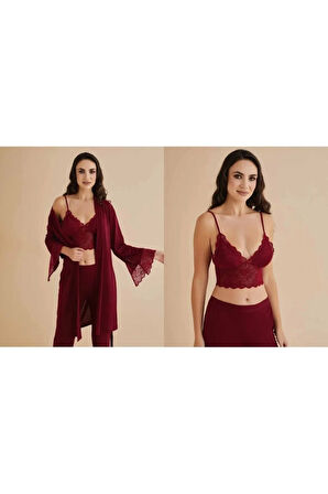 Kadın Penye Bordo Bralet&Gecelik&Sabahlık 4'lü Takım Kutulu Set Q5.5.3.2DKUKCHSS