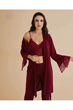 Kadın Penye Bordo Bralet&Gecelik&Sabahlık 4'lü Takım Kutulu Set Q5.5.3.2DKUKCHSS