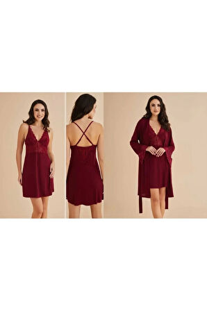 Kadın Penye Bordo Bralet&Gecelik&Sabahlık 4'lü Takım Kutulu Set Q5.5.3.2DKUKCHSS