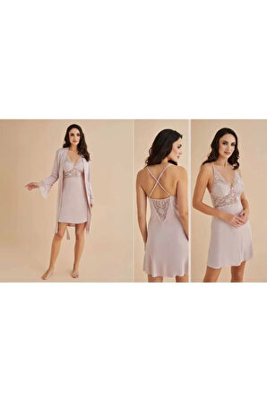 Kadın Penye Pudra Bralet&Gecelik&Sabahlık 4'lü Takım Kutulu Set Q5.5.3.2DKUKCHSS