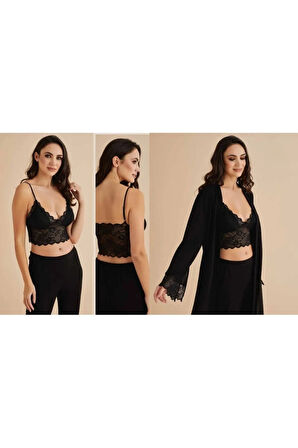 Kadın Penye Siyah Bralet&Gecelik&Sabahlık 4'lü Takım Kutulu Set Q5.5.3.2DKUKCHSS