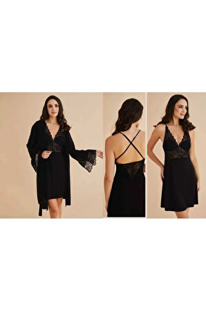 Kadın Penye Siyah Bralet&Gecelik&Sabahlık 4'lü Takım Kutulu Set Q5.5.3.2DKUKCHSS
