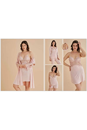 Kadın Pudra Gecelik&Sabahlık&Şortlu Takım&Pijama Takımı 6'lı Penye Gelin Çeyizlik Set Q5.8.DKUKCHSS