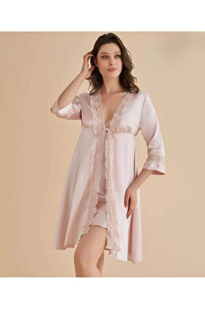 Kadın Pudra Gecelik&Sabahlık&Şortlu Takım&Pijama Takımı 6'lı Saten Gelin Çeyizlik Set D.8QC.7H2.KS.1