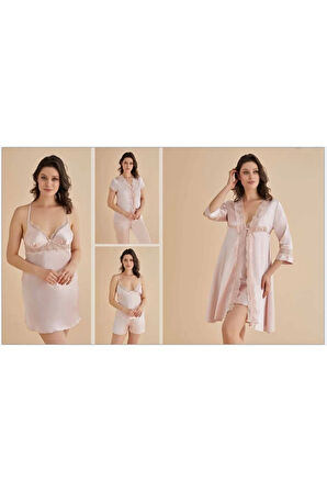 Kadın Pudra Gecelik&Sabahlık&Şortlu Takım&Pijama Takımı 6'lı Saten Gelin Çeyizlik Set D.8QC.7H2.KS.1