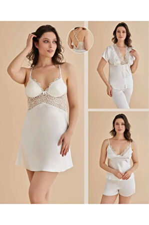 Kadın Ekru Gecelik&Sabahlık&Şortlu Takım&Pijama Takımı 6'lı Saten Gelin Çeyizlik Set Q8.7.4.1DKUKCH
