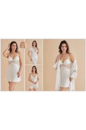 Kadın Ekru Gecelik&Sabahlık&Şortlu Takım&Pijama Takımı 6'lı Saten Gelin Çeyizlik Set Q8.7.4.1DKUKCH