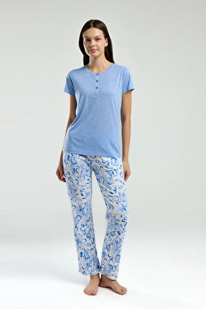 Kadın Yarım Patlı Kısa Kol T-shirt Bürümcük Kumaş Alt Pijama Takımı Q4.A3.K5.R5K