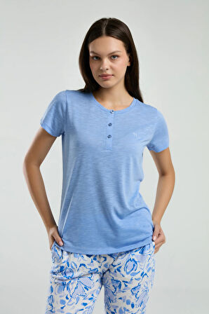 Kadın Yarım Patlı Kısa Kol T-shirt Bürümcük Kumaş Alt Pijama Takımı Q4.A3.K5.R5K