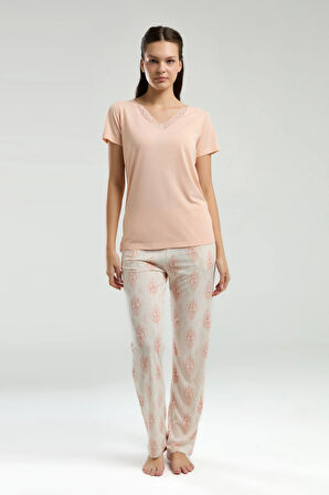 Kadın V Yaka Kısa Kol T-shirt & Uzun Alt Pijama Takımı Q4.A3.K6.R8K