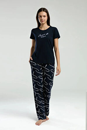 Kadın Viskon Bisiklet Yaka Kısa Kol Pijama Takım Q3K2K32