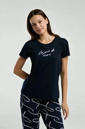 Kadın Viskon Bisiklet Yaka Kısa Kol Pijama Takım Q3K2K32