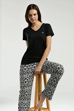 Kadın Viskon V Yaka Kısa Kol Pijama Takım Q3K2K40