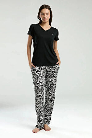 Kadın Viskon V Yaka Kısa Kol Pijama Takım Q3K2K40