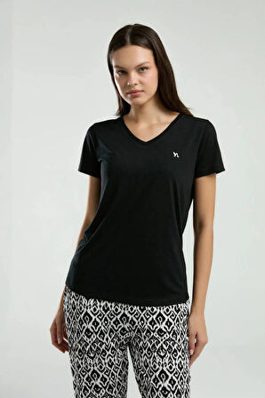 Kadın Viskon V Yaka Kısa Kol Pijama Takım Q3K2K40