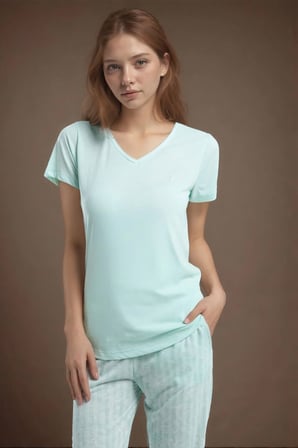 Kadın Kısa Kol V Yaka Mint Viskon Pijama Takımı Q9P0K7C5K