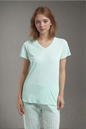Kadın Kısa Kol V Yaka Mint Viskon Pijama Takımı Q9P0K7C5K