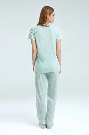 Kadın Kısa Kol V Yaka Mint Viskon Pijama Takımı Q9P0K7C5K