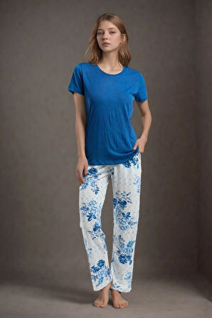 Kadın Kısa Kol Geniş Yaka Lacivert Viskon Pijama Takımı Q9P0K7C9K