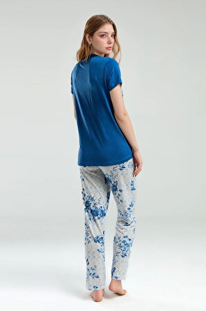 Kadın Kısa Kol Geniş Yaka Lacivert Viskon Pijama Takımı Q9P0K7C9K