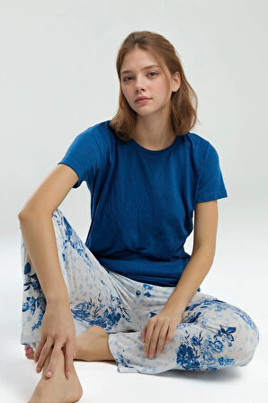 Kadın Kısa Kol Geniş Yaka Lacivert Viskon Pijama Takımı Q9P0K7C9K