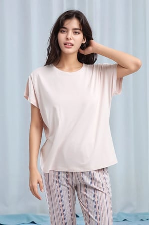 Kadın Pudra Kısa Kol Desenli Pamuklu Modal Pijama Takımı Q9P0K5C6K