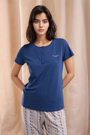 Kadın İndigo Kısa Kol Desenli Pamuklu Modal Pijama Takımı Q9P0K5C7K