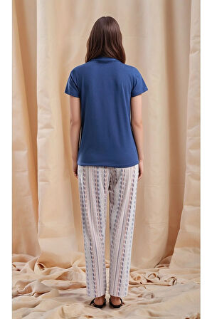 Kadın İndigo Kısa Kol Desenli Pamuklu Modal Pijama Takımı Q9P0K5C7K