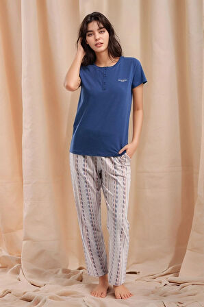 Kadın İndigo Kısa Kol Desenli Pamuklu Modal Pijama Takımı Q9P0K5C7K