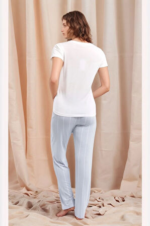 Kadın Beyaz Yarım Düğmeli Kısa Kol T-shirt Viskon Kumaş Lohusa Pijama Takımı Q9P0K8C7K