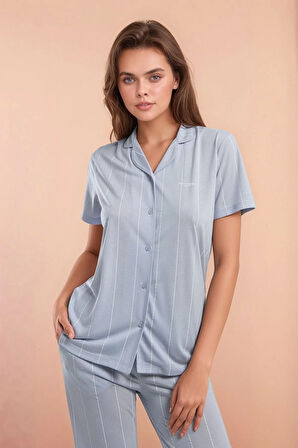 Kadın Mavi Önden Düğmeli Kısa Kol Desenli Pamuklu Viskon Pijama Takımı Q9P0K9C3K