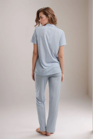 Kadın Mavi Önden Düğmeli Kısa Kol Desenli Pamuklu Viskon Pijama Takımı Q9P0K9C3K