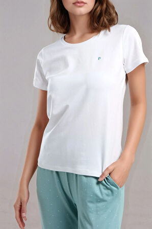 Kadın Beyaz & Yeşil Kısa Kol Puantiyeli Viskon Pijama Takımı Q9P0K9C4K