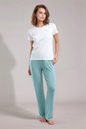 Kadın Beyaz & Yeşil Kısa Kol Puantiyeli Viskon Pijama Takımı Q9P0K9C4K