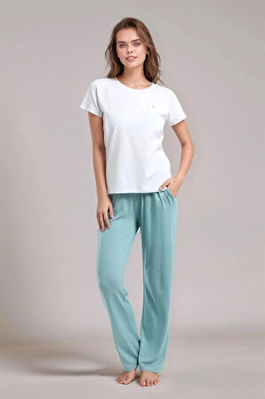 Kadın Beyaz & Yeşil Kısa Kol Puantiyeli Viskon Pijama Takımı Q9P0K9C4K