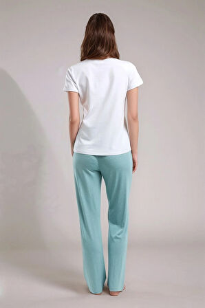 Kadın Beyaz & Yeşil Kısa Kol Puantiyeli Viskon Pijama Takımı Q9P0K9C4K