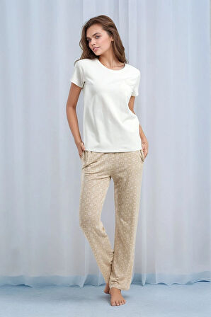 Kadın Kısa Kol Desenli Viskon Pijama Takımı Q0P1K1C2K