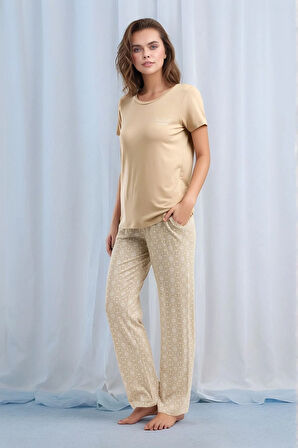 Kadın Kısa Kol Desenli Viskon Pijama Takımı Q0P1K1C2K