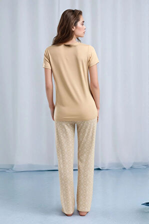 Kadın Kısa Kol Desenli Viskon Pijama Takımı Q0P1K1C2K