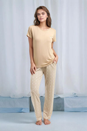 Kadın Kısa Kol Desenli Viskon Pijama Takımı Q0P1K1C2K