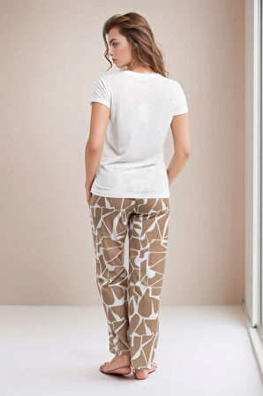 Kadın Krem V Yaka Kısa Kol Desenli Viskon Pijama Takımı Q0P1K2C6K