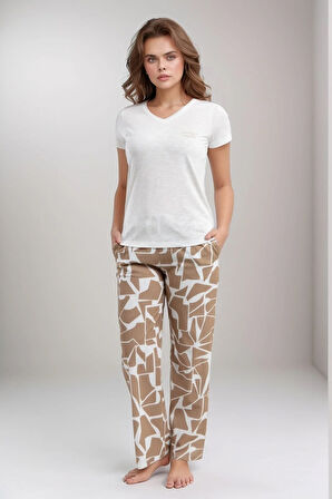 Kadın Krem V Yaka Kısa Kol Desenli Viskon Pijama Takımı Q0P1K2C6K