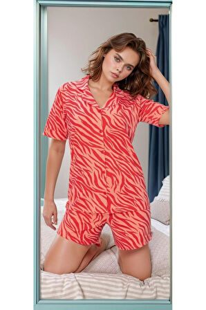 Kadın Kırmızı Pamuklu Kaplan Desenli Şortlu Pijama Takımı