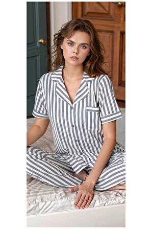 Kadın Gri Pamuklu Çizgili Patlı Pijama Takımı