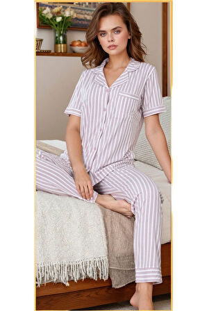 Kadın Lila Pamuklu Çizgili Patlı Pijama Takımı