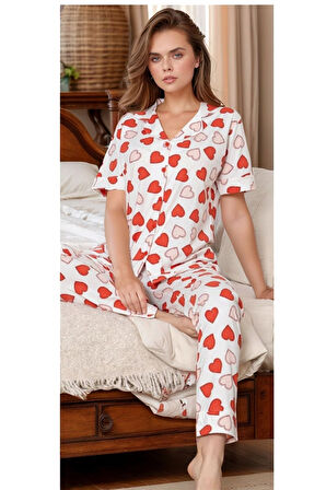 Kadın Ekru & Kırmızı Pamuklu Kalp Desenli Patlı Pijama Takımı